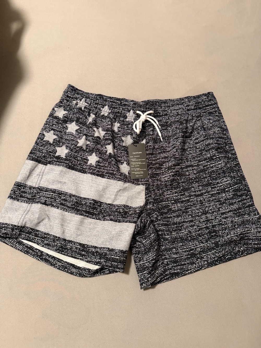 Men's Heather Gray and Black Swim Trunks with Star Stripes